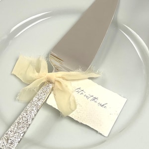 Personalized Cake Knife Ribbon Tag: Handmade Khadi Paper, Frayed Chiffon Ribbon
