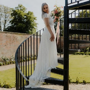 Bridal Skirt, Corded Lace Wedding Skirt, Scalloped Edge Silk Lined Optional Train, A Line Boho Maxi Skirt, Beach Bridal Separate, Sizes 6-30