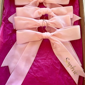 Fiocchi di velluto personalizzati, ideali per segnaposto, fiocchi per capelli o decorazioni per l'albero di Natale. Disponibili in rosa, bianco, champagne o rosso.