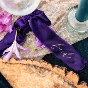 Personalised Champagne Glass Silk Ribbon Names, Getting Ready Wedding Glass Purple Bows, Hen Do Bachelorette Name Tags, Special Occasions