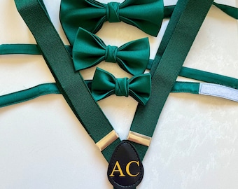 Personalised Forest Green Silk Bow Tie & Suspenders Set, Child Page Boy