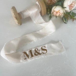 Silk Bouquet Ribbon, Personalised with Embroidered Monogram Initials ideal for Wedding Bouquet, Bridal Keepsake, Hand Torn Silk Ribbon
