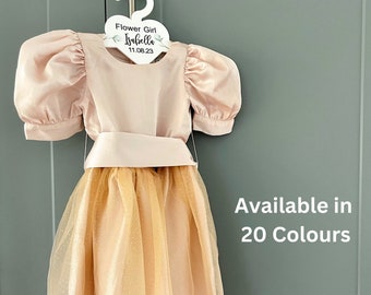 Flower Girl Dress Made of Satin & Tulle, with an Optional Glitter Layer. Available in Over 20 Colours including Champagne. Child Clothing