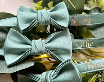 Personalised Boys Sage Bow Tie for Page Boy, Wedding Child Clothing, Pre-tied Adjustable Strap Silk Bow Tie, Optional Personalised Braces