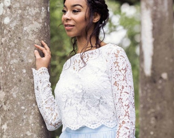 Top en dentelle mariée demoiselle d'honneur mariage sépare, bord festonné ivoire, doublé de soie, 4 manches et 2 options de longueur recadrées ou longues tailles britanniques 6-30