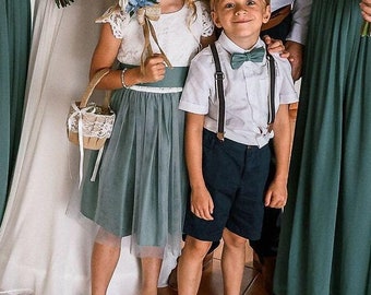 Lace Flower Girl Dress: Sage Green Tulle Skirt, Wedding Sash, Child Clothing