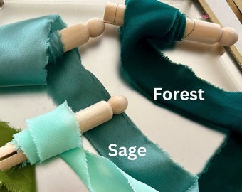 Forest Green Silk Ribbon 1 metre lengths, Hunter Green Frayed Edges Wedding Bouquet, Invitations, Flat Lay Photos