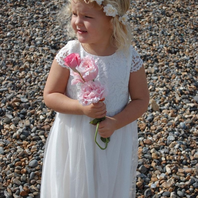 Dress for Flower Girl Junior Bridesmaid, Girl's Ivory Wedding Dress White Lace Top with Tulle Skirt Ages 1-12 Optional Sash, Child clothing image 5