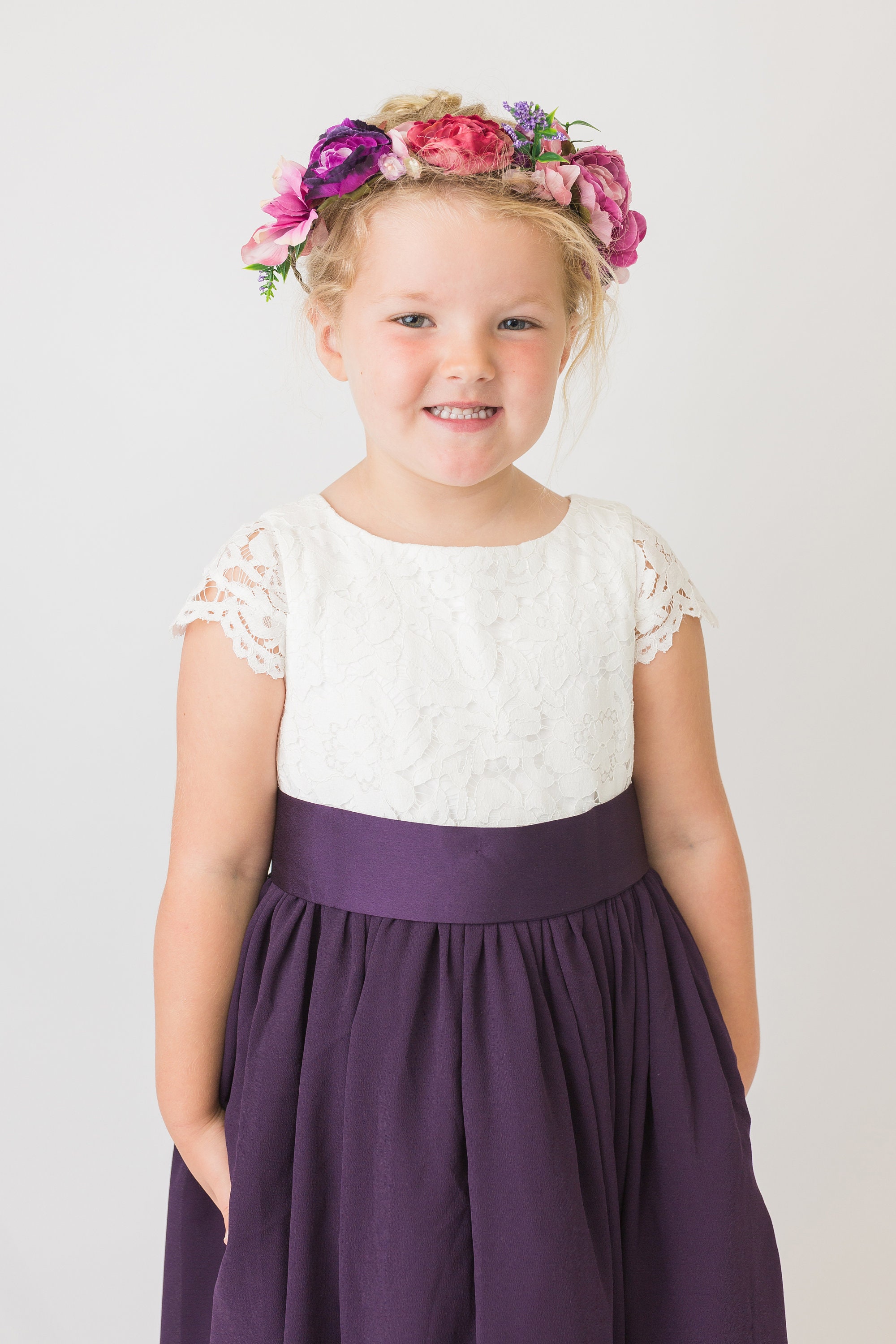 White and Dark Purple Flower Girl Dress With Silk Sash Etsy