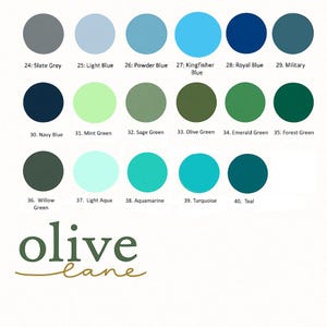 May include: A color chart with 40 different shades of blue, green, and grey. The chart is labeled with numbers and names for each color. The text "olive lane" is at the bottom of the chart.