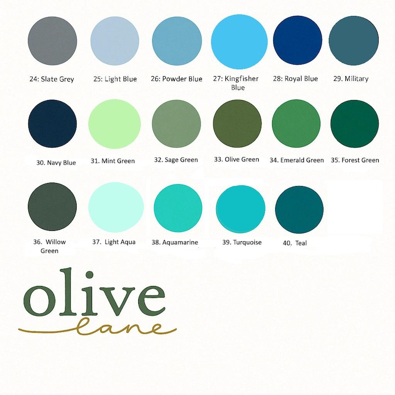 May include: A color chart with 40 different shades of blue, green, and grey. The chart is labeled with numbers and names for each color. The text "olive lane" is at the bottom of the chart.