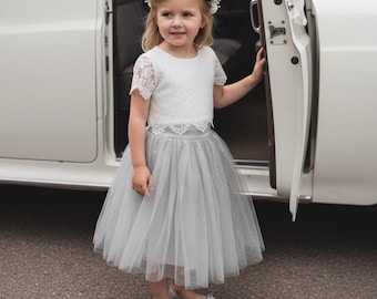 Junior Brautjungfer Outfit: Spitzentop und Tüll Glitzer Rock, Kinderhochzeits-Teile