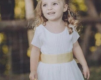 Dress for Flower Girl, Junior Bridesmaid, Short Sleeve Chiffon Dress Pleats & Ribbon Details, Optional Sash, Wedding Child Clothing