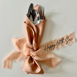 Personalised Ribbon Napkin Ties with Optional Rose Gold or White Napkins, Weddings, Dinner Parties, Christmas, Thanksgiving Table Decor