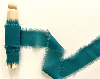 Turquoise Chiffon Ribbon Hand Dyed With Frayed Edges Wedding Bouquet, Invitations, Flat Lay Photos, Wedding Decor Styling, Gift Wrapping