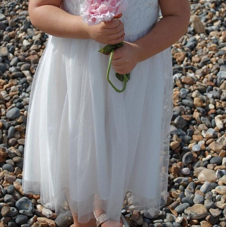 Dress for Flower Girl Junior Bridesmaid, Girl's Ivory Wedding Dress White Lace Top with Tulle Skirt Ages 1-12 Optional Sash, Child clothing image 4