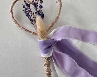 Personalised Dried Lavender Flower Girl Wand: Purple Ribbon Name Heart Wand
