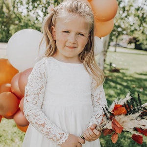 Long Sleeve Lace Dress for Flower Girl, Junior Bridesmaid, Matching Sash available in 30 colours, Wedding, Child Clothing