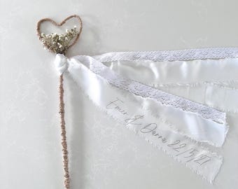 Personalised Dried Gypsophila Flower Girl Wand: White Ribbon Name Heart Wand