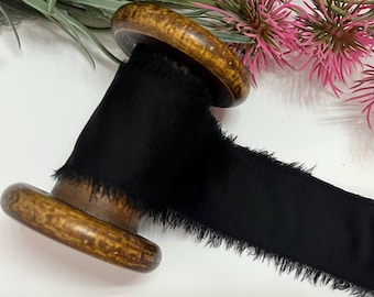 Black Silk Ribbon, Hand Torn Frayed Edge, Ideal for Wedding Stationery and Flat Lay