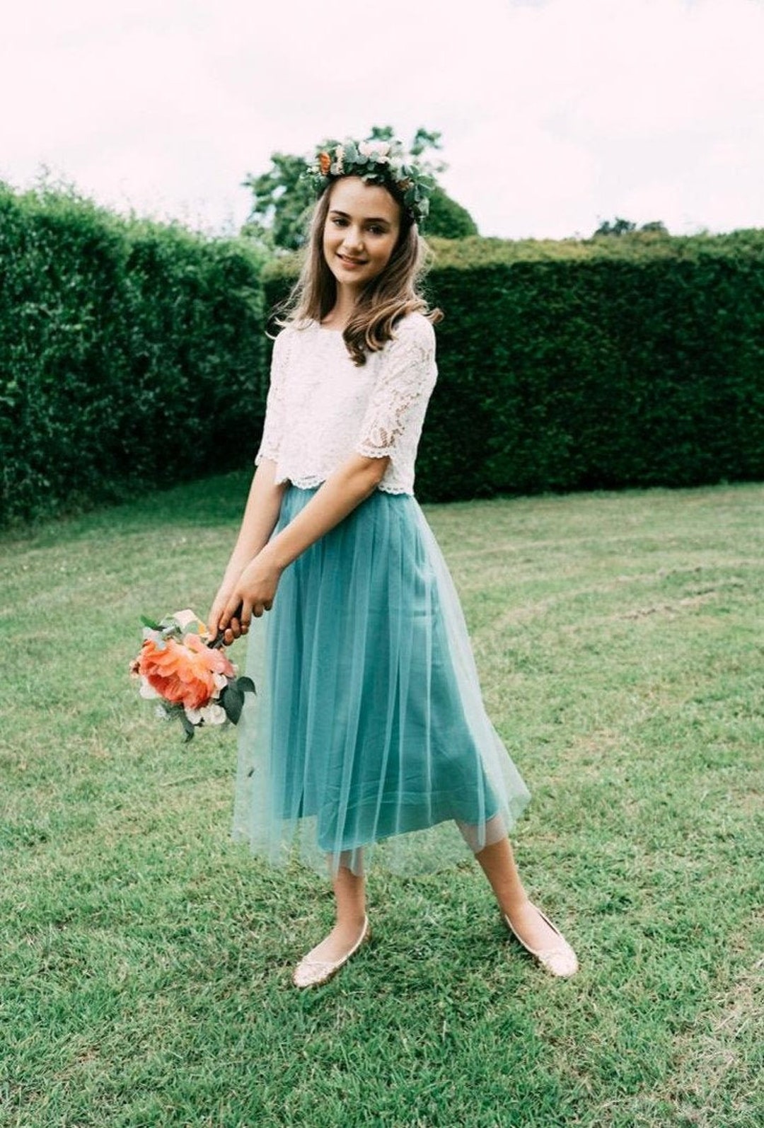 Junior Bridesmaid Top and Skirt, Girls Lace Top & Tulle or
