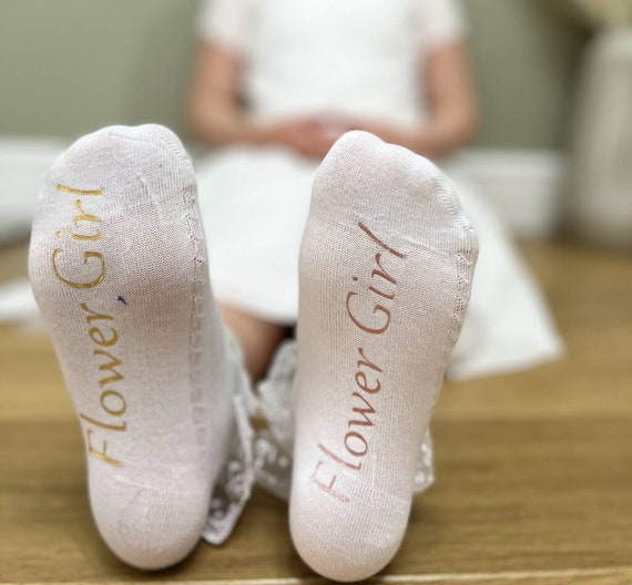 Personalised Flower Girl Socks, Name on Ankle Socks, White, Pink