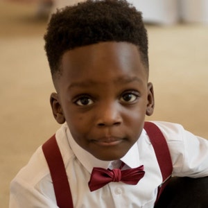 Personalised Burgundy Red Boy Child Bow Tie, ideal for Page Boy Wedding or Birthday Photoshoot, With Optional Matching Braces Suspenders