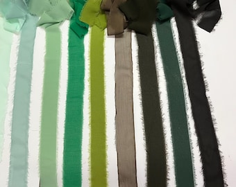 Green Colours Chiffon Ribbon, Frayed Edges Ideal for Wedding Bouquet, Invitations, Flat Lay Photos, Wedding Decor Styling, Gift Wrapping