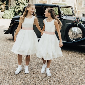Dress for Flower Girl, Junior Bridesmaid, Sleeveless Chiffon Dress Pleats & Ribbon Detail, Optional Sash, Wedding Child Clothing