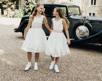 Dress for Flower Girl, Junior Bridesmaid, Sleeveless Chiffon Dress Pleats & Ribbon Detail, Optional Sash, Wedding Child Clothing