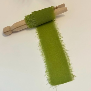 Olive Chiffon Wedding Ribbon Hand Dyed Green Frayed Edges Wedding Bouquet, Invitations, Flat Lay Photos, Wedding Decor, Gift Wrapping