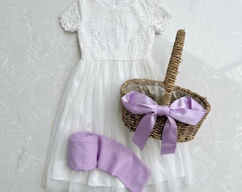 Complete Flower Girl Set: Lace & Tulle Dress, Satin Sash and Matching Basket with Personalised Ribbon