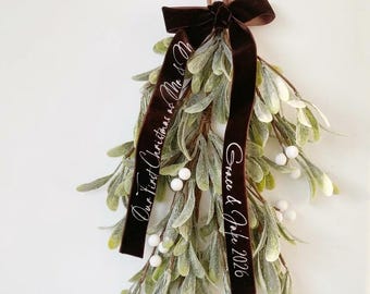 Personalised Velvet Mistletoe Bow, Newly Weds Christmas Gift