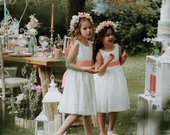 Dress for Flower Girl, Junior Bridesmaid, Sleeveless Chiffon Dress Pleats & Ribbon Details, Optional Sash, Wedding Child Clothing