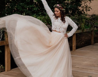 Champagne Bridal Skirt, Tulle Long Wedding Skirt, Silk Lined Optional Train, A Line Boho Maxi Skirt, Beach Bridal Separate, Sizes 6-30