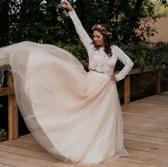 Champagne Bridal Skirt, Tulle Long Wedding Skirt, Silk Lined