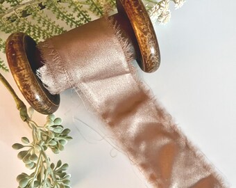 Hand Torn Silk Ribbon: Mink Brown Frayed Edges for Weddings, Flat Lay, Invitations