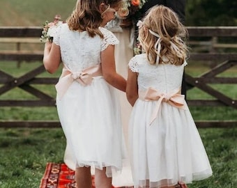 Dress for Flower Girl Junior Bridesmaid, Girl's Ivory Wedding Dress White Lace Top with Tulle Skirt Ages 1-12 Optional Sash, Child clothing