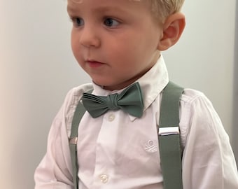 Personalised Boys Sage Bow Tie for Page Boy, Wedding Child Clothing, Pre-tied Adjustable to Fit 1-12 Years, Optional Personalised Braces