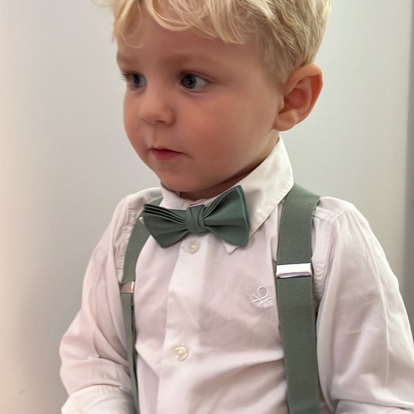 Personalised Boys Sage Bow Tie for Page Boy, Wedding Child Clothing, Pre-tied Adjustable to Fit 1-12 Years, Optional Personalised Braces