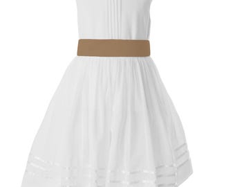 May include: A white sleeveless dress with a brown belt. The dress features a pleated bodice and a full skirt with horizontal ribbon detailing near the hem. Ideal for a special event.