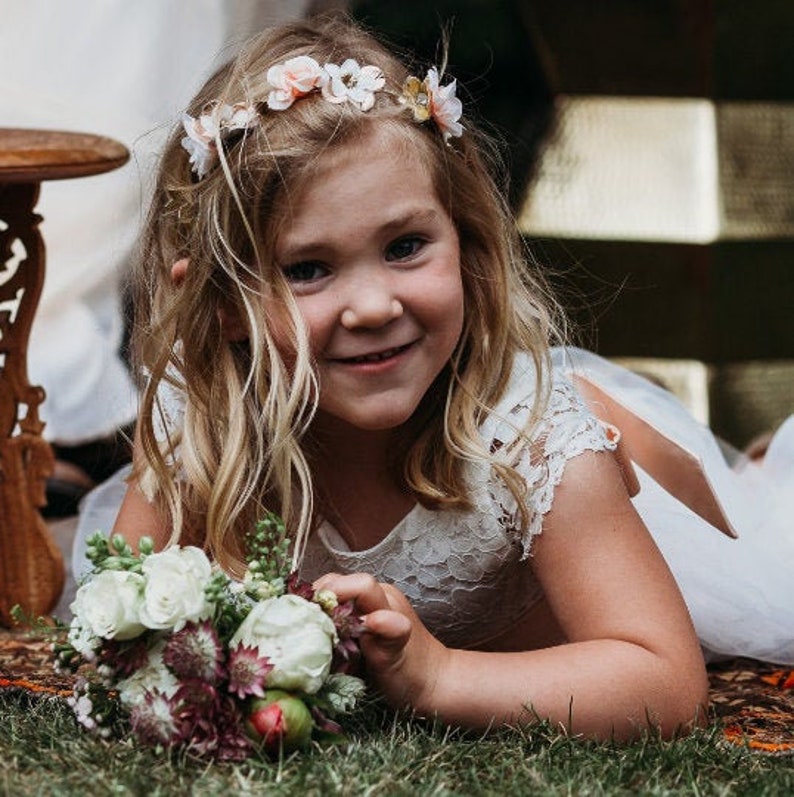 Dress for Flower Girl Junior Bridesmaid, Girl's Ivory Wedding Dress White Lace Top with Tulle Skirt Ages 1-12 Optional Sash, Child clothing image 6