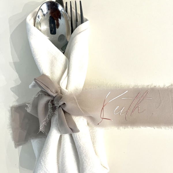 Personalised Ribbon Napkin Ties with Optional White Cotton Napkins Perfect for Weddings, Dinner Parties, Christmas, Thanksgiving Table Decor