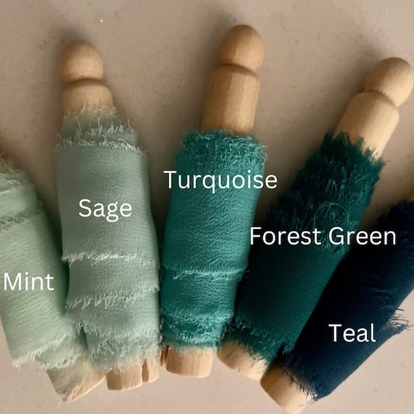 Green Colours Chiffon Ribbon 1 metre lengths Frayed Edges Wedding Bouquet, Invitations, Flat Lay Photos Wedding Decor Styling, Gift Wrapping