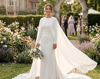 Chiffon Bridal Cape with Train, Ivory Wedding Cape, Custom Colour and Length, Modern Veil Alternative