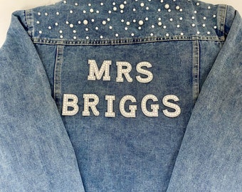 Personalised Pearl Denim Jacket, Bride To Be, Bride Jacket,Honeymoon, Wedding Jacket,Pre- Wedding or Engagement Shoot. 'Something Blue'