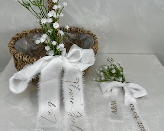 Personalised Flower Girl Basket: Hand-Torn Silk Ribbon, Baby Breath Detail