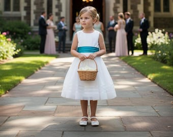 May include: A young girl in a white dress with a teal sash stands on a stone path, holding a woven basket filled with white flowers. The dress has a pleated bodice and a flared skirt. Other people are in the background near a church.