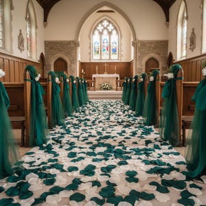 Bosgroene satijnen bloemblaadjes: bruilofttafelconfetti, decor bloemenmeisje gangpad afbeelding 2