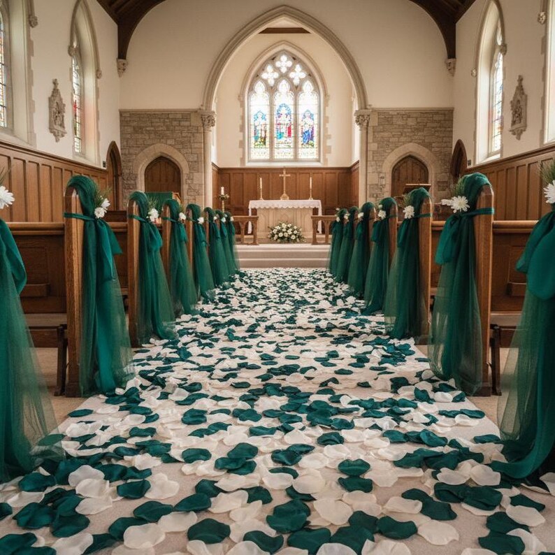 Bosgroene satijnen bloemblaadjes: bruilofttafelconfetti, decor bloemenmeisje gangpad afbeelding 2